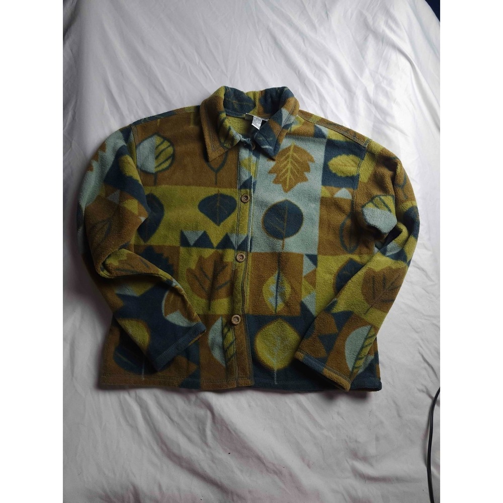 Adriana Bermani Shirt Jacket Womens Medium Multicolor Leaf Print Fleece Gorpcore